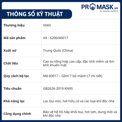 Thông số VIAN 6200 – Mặt nạ nửa mặt cao su + 7 bộ mảnh 60017
