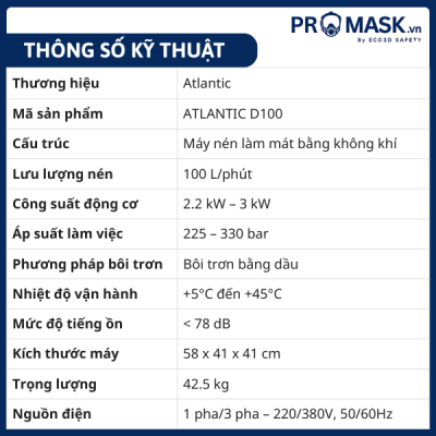 Thông số máy nén khí thở ATLANTIC D100