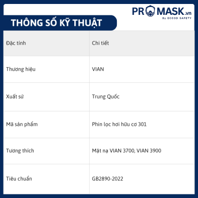 Thông số kỹ thuật phin lọc than hoạt tính VIAN 301